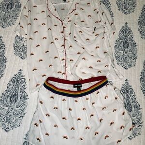 Room Service Pajama Set Women Small White Good Rainbow Print Short Sleeve Shorts
